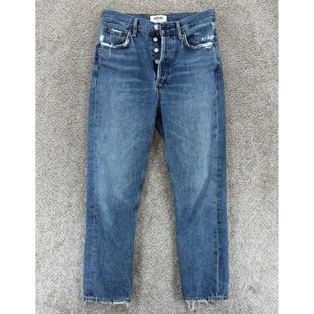 AGOLDE The Riley High Rise Straight Jeans Women's 25 Blue Distressed Button Fly